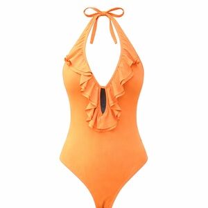 Mustard Yellow Ruffle One Piece Swimsuit Halter Deep V Size 8 Boho cowgirl